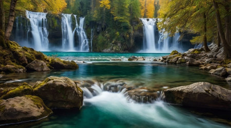 Beautiful waterfall in the autumn forest. Panoramic image.