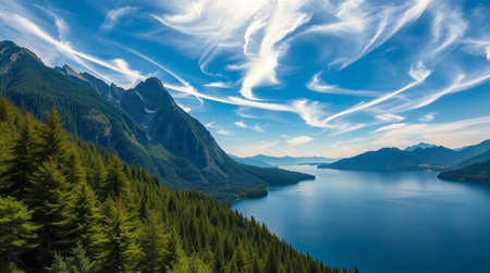Panoramic view of the lake and mountains in the background.