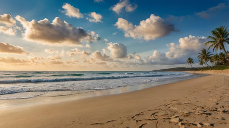 Panoramic view of beautiful tropical beach with palm trees at sunsetの写真素材