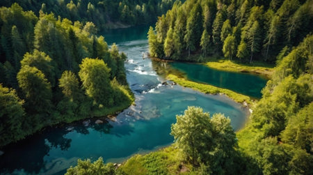 Aerial view of a mountain river in the forest. Beautiful summer landscape.