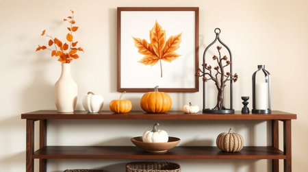 Autumn composition with pumpkins and autumn leaves on wooden shelf in roomの写真素材