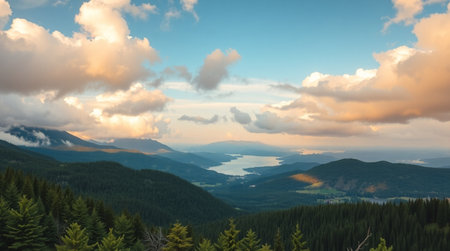Panoramic view of the lake and mountains at sunset. Carpathians, Ukraine