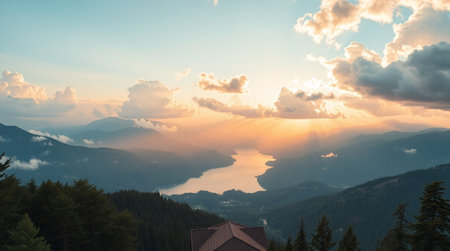 Sunset over the lake in the Carpathian mountains, Ukraineの写真素材
