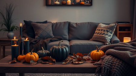 Autumn cozy living room with pumpkins, candles and plaidの写真素材
