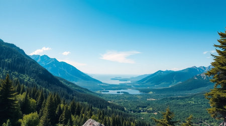 Panoramic view of the lake and mountains on a sunny dayの写真素材