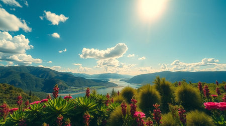 Panoramic view of the lake and mountains. Summer landscape.