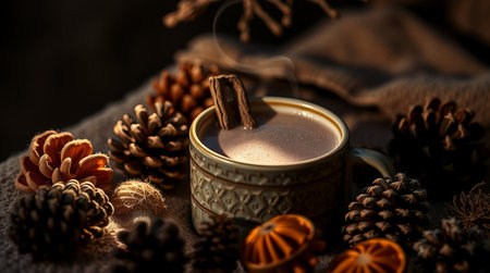 Cup of hot cocoa with cinnamon and anise on a wooden background