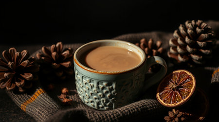 Cup of coffee on a dark background with a warm scarf.