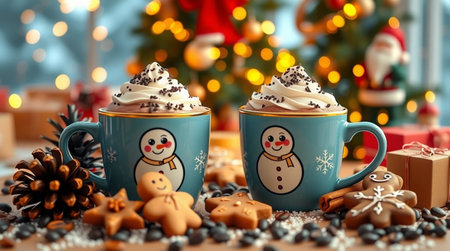 Two cups of hot chocolate with whipped cream and snowman on Christmas background