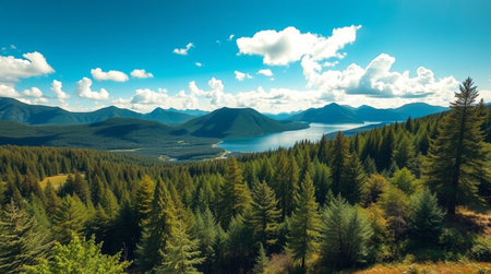 Beautiful mountain landscape with lake and forest. Panoramic view.