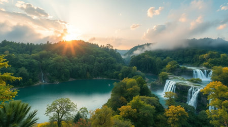 Expressive brushwork creates a dramatic canopy as cool mist lifts from the waterfall toward the glowing leaves.の写真素材