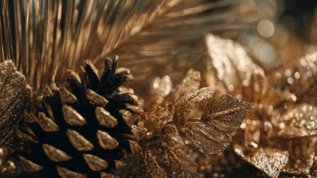 Close up of golden Christmas decoration with pine cones and fir branches.