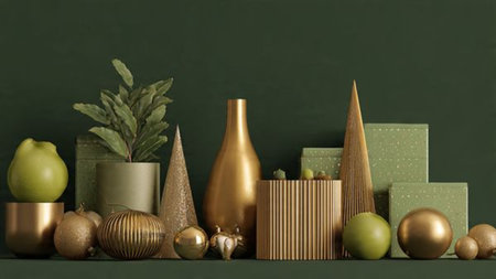 Mockup of christmas gifts and decorations on green background.