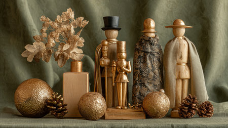 Christmas still life with Christmas tree decorations and wooden figures on a green backgroundの写真素材