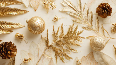 Christmas background with golden decorations. Flat lay, top view, copy space.の写真素材
