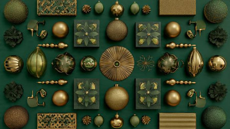 Christmas ornaments on a green background. 3d rendering.