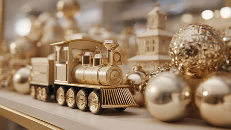 Vintage toy train with golden christmas balls in shop window.の写真素材
