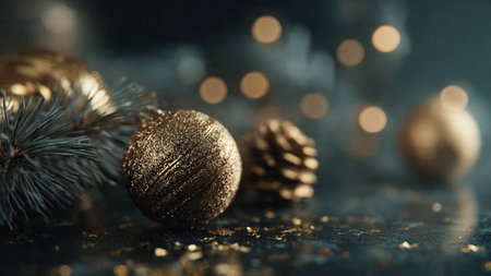 Golden Christmas decoration on a dark background with bokeh effect.の写真素材