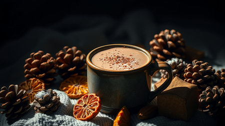 Cup of hot chocolate with marshmallows and spices on a dark background.