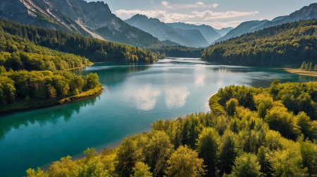 A serene alpine lake surrounded by lush green forests and majestic mountains under a clear blue sky.の写真素材