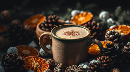 Cup of hot cocoa with christmas decoration on dark background.の写真素材
