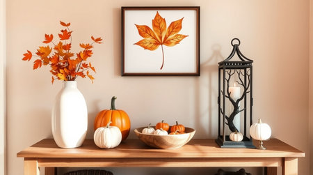Autumn composition with pumpkins on chest of drawers in room
