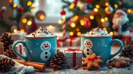 Two cups of hot chocolate with whipped cream, gingerbread man and Christmas tree on backgroundの写真素材