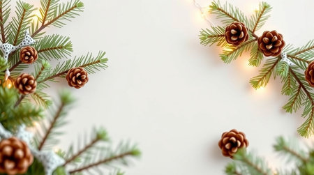 Christmas background with fir tree branches, cones and lights on white backgroundの写真素材