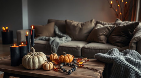 Autumn composition with pumpkins, candles and knitted plaid on wooden table in living roomの写真素材
