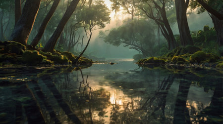 Morning fog over the lake in the forest. Beautiful nature background.の写真素材