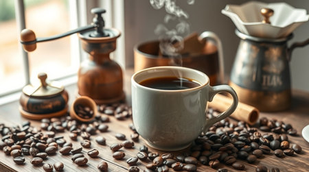 Cup of coffee and coffee beans on wooden table, closeup