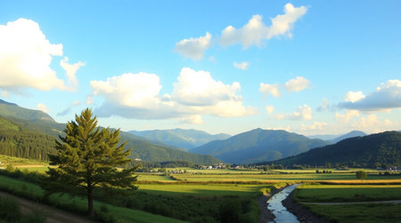 Landscape of rice fields and mountains in the south of Japan.の写真素材