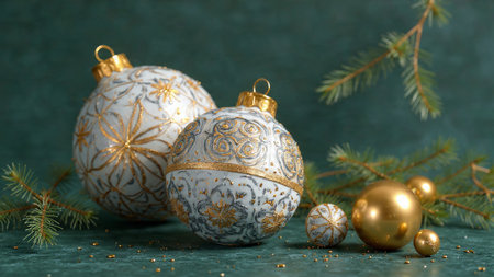 Silver and gold christmas balls with fir branches on a green background