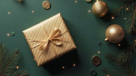 Gift box with golden ribbon and christmas balls on green background