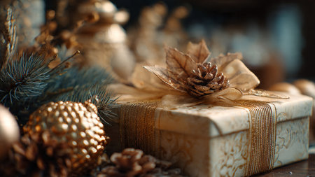 Christmas gift box with golden decoration on wooden table. Close up.の写真素材
