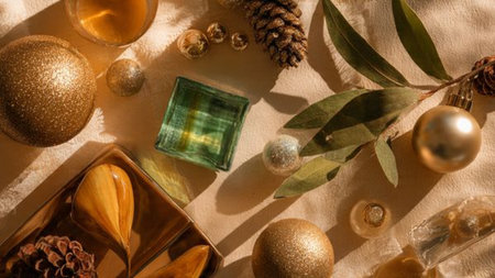 top view of green and golden christmas decorations on beige background