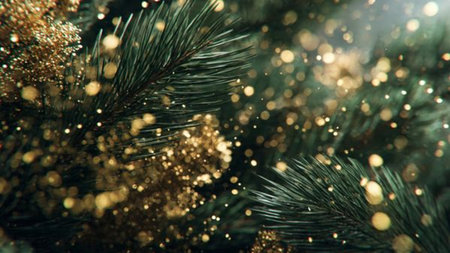 Christmas tree branches with gold glitter bokeh. New Year background.の写真素材