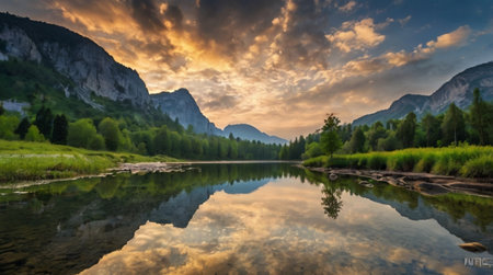 A lush forest with a reflective lake at sunset.の写真素材