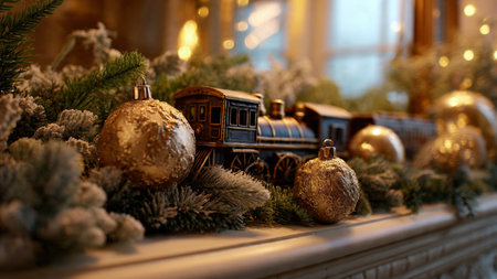 Christmas decoration on the fireplace. Decorated Christmas tree with golden toys.の写真素材