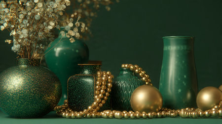 Vase with golden beads and vases on a green background.の写真素材