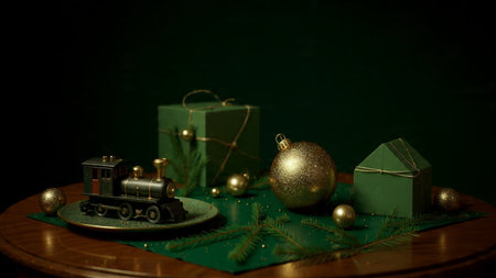 Christmas still life with toy train, Christmas tree and gift box on dark backgroundの写真素材
