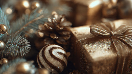 christmas decoration with fir branches and golden gift boxes, closeup
