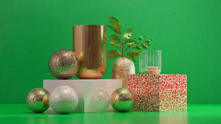 3d render of christmas ornaments on green background.