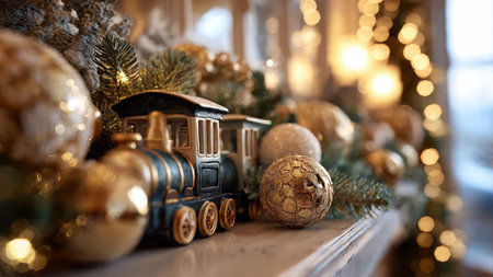 Wooden toy train with Christmas decorations on the background of a Christmas treeの写真素材