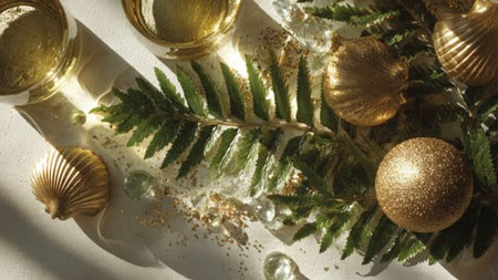 Christmas and New Year background with golden balls, fir branches, glass of champagne. Flat lay, top...