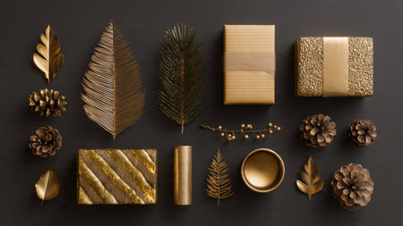 Flat lay composition with golden christmas decorations on black background.の写真素材