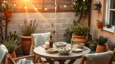 Table with delicious food and wine on terrace in cafe, closeupの写真素材