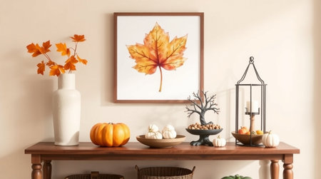 Autumn composition with pumpkins, candles, candlesticks and leaves on wooden shelf