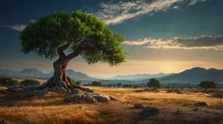 Olive tree in the meadow at sunset, 3d renderの写真素材
