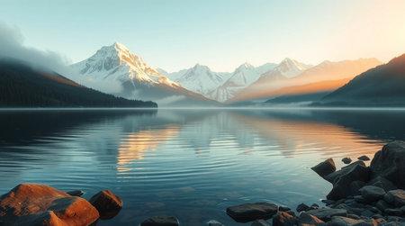 Mountain lake in the morning. Panorama of the mountains.